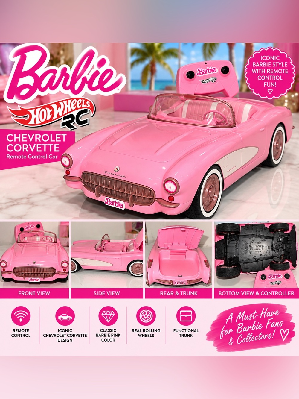 Barbie Hot Wheels RC Pink Chevrolet Corvette Remote Control Toy Car - Picture 1 of 7